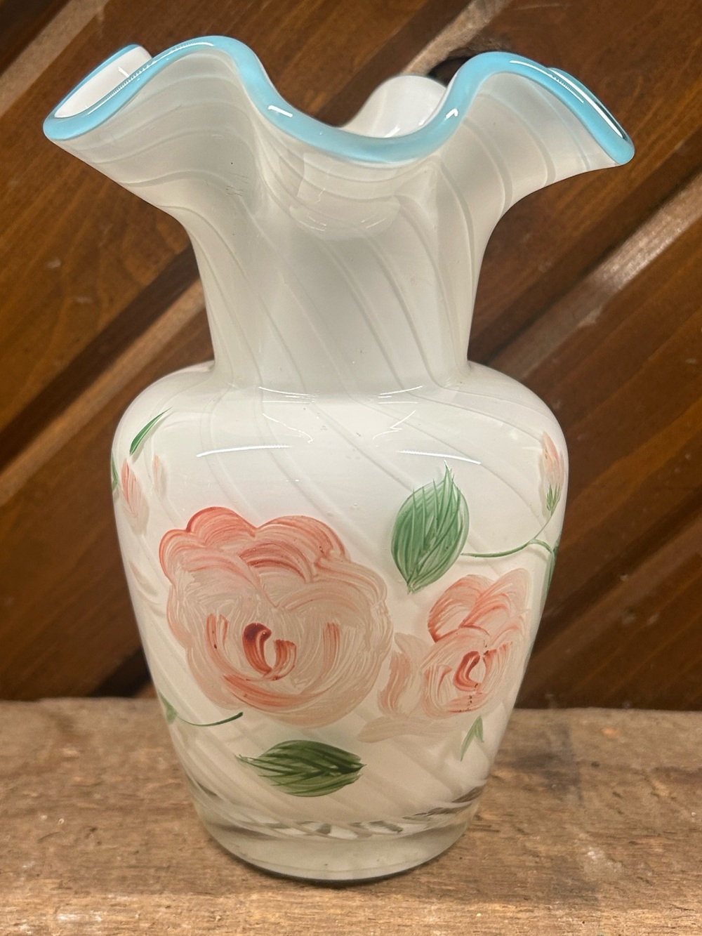 Vintage Fenton for Teleflora Hand-Painted White Optic Swirl Vase
